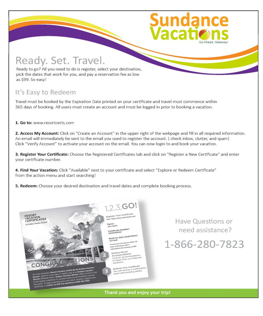 Sundance Vacations Promotional Certificate